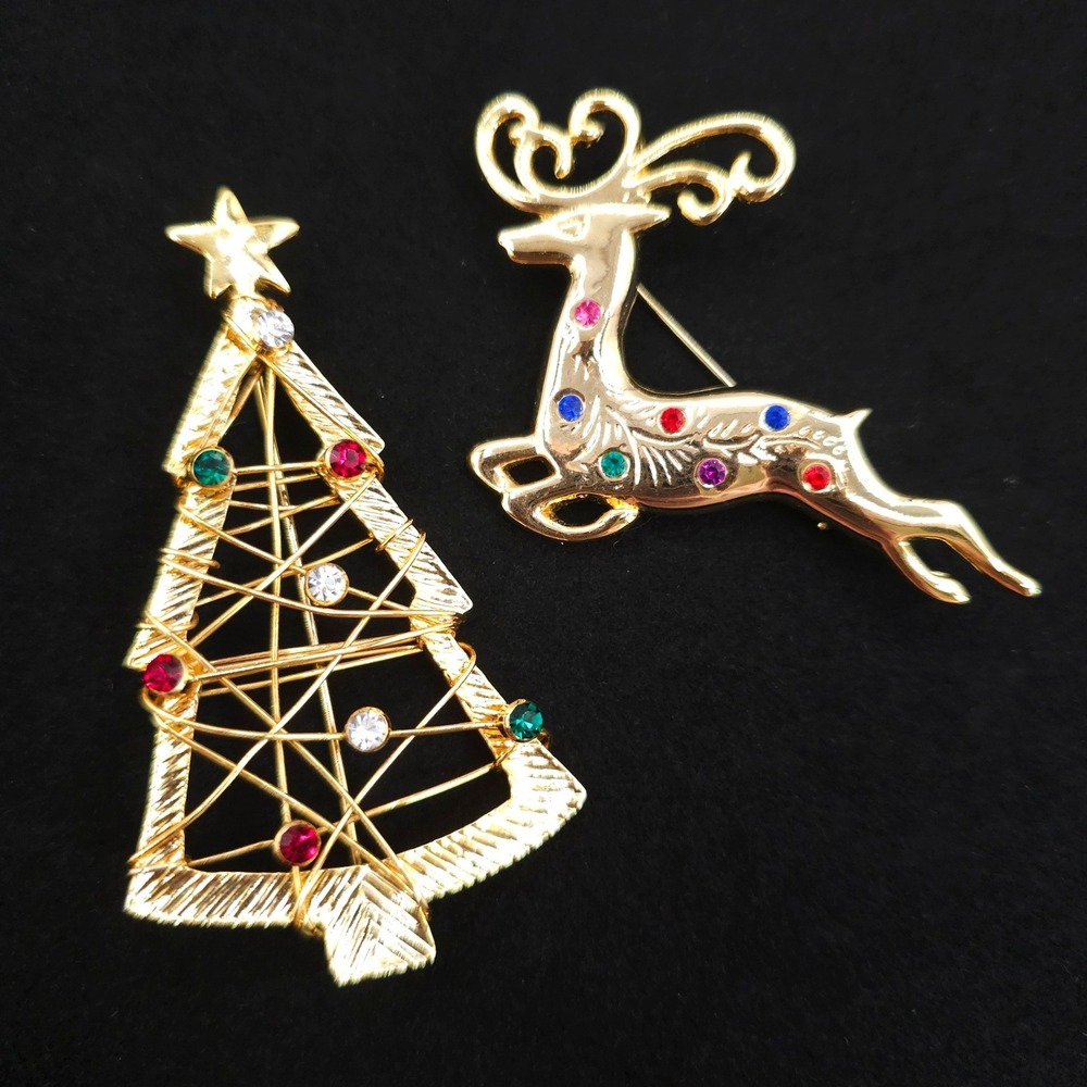 Vintage Rhinestone Christmas Brooches Tree Reindeer Gold Tone Holiday Holiday
